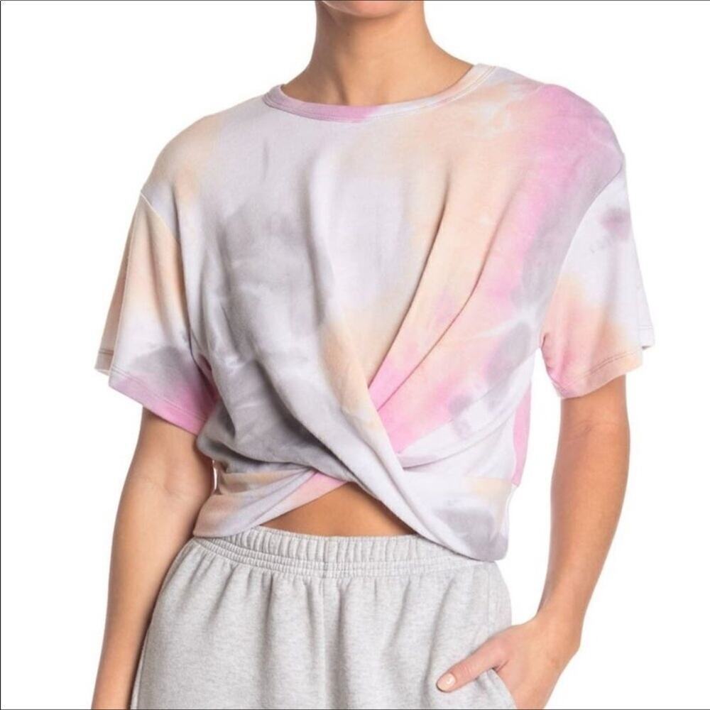 NWT Lush Pink & White Tie Dye Short Sleeve Tie Cropped Top Size Small v6x